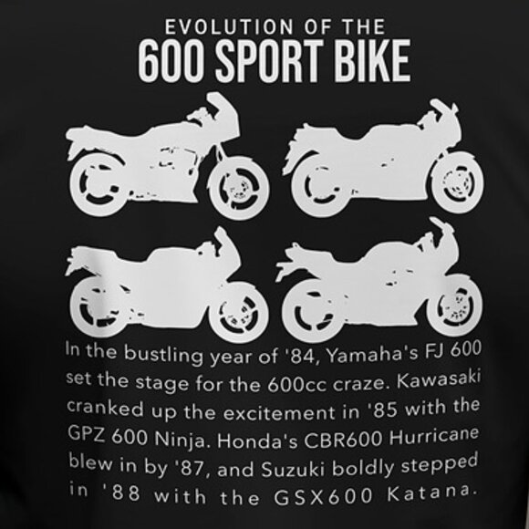 600 Sportbike Evolution Tee: Yamaha, Suzuki, Kawasaki, Honda - Picture 1 of 3